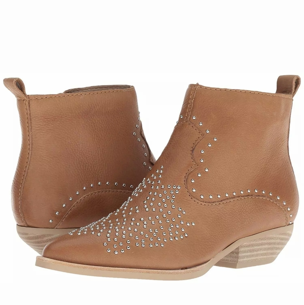 Dolce Vita Uma Western Ankle Boots Studded Mocha Leather Stacked Heel